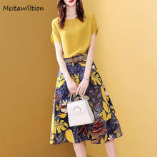 2022 Summer Women Chiffon 2 Piece Sets Casual Short Sleeve T-shirt + High Waist Skirt Suit Korean Floral Print Skirt Sets 2024 - buy cheap