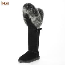 INOE-Botas largas por encima de la rodilla para mujer, zapatos cálidos de piel de zorro auténtica, de ante de vaca, con correa negra, para nieve 2024 - compra barato