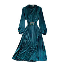 Женское бархатное плиссированное платье, элегантное приталенное платье с воротником-стойкой и поясом, осень 2021 2024 - купить недорого