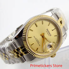 Parnis mostrador dourado de 36mm, vidro de safira com 21 joias, relógio automático para homem, pulseira de aço inoxidável com banhado a ouro 2024 - compre barato