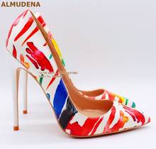 ALMUDENA 12cm White High Heels Mixed Color Dress Pumps Graffiti Printed Wedding Shoes Red Blue Yellow Mixed Color Party Shoes 2024 - buy cheap
