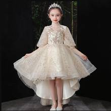 Elegante champanhe vestido formal meia manga lantejoulas tule flor meninas casamento roupas de noite para meninas princesa festa longo vestido 2024 - compre barato