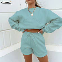 Luzuzi Casual Sports Autumn Two Piece Set Women O Neck Long Sleeve Letter Embroidery Hoodies Drawstring High Waist Shorts Street 2024 - buy cheap