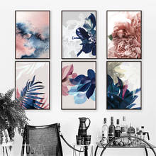 Arte de pared en lienzo, pintura rosa, flor, azul, hojas tropicales, carteles nórdicos abstractos e impresiones, imágenes de pared para decoración de sala de estar 2024 - compra barato