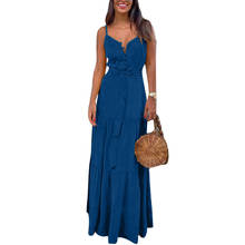 Elegant Sling Dress Women 2022 Summer Beach Bohemian Solid Color Sleeveless V Neck Camisole Belted Maxi Dress 2024 - buy cheap