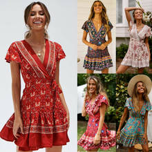 Mini vestido floral vintage de verão, vestido com decote em v, manga curta, festa para mulheres, feriado, praia 2024 - compre barato