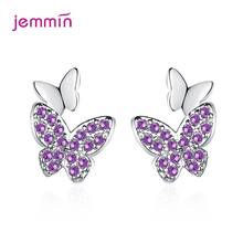 Real 925 Sterling Silver Purple Crystal Cute Dancing Butterflies Stud Earring for Women Anti-Allergy Ear Pin Fine Jewelry 2024 - buy cheap