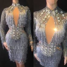 Модное Сетчатое платье с кристаллами, соблазнительные Стразы, прозрачная эластичная одежда для сцены и танцев, вечернее праздничное платье с бахромой, костюм 2024 - купить недорого