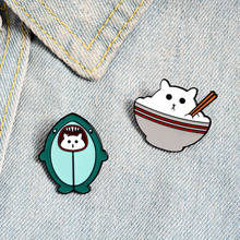 Cartoon Shark Cat Bowl Enamel Pins Cute Fat Kitten Animal Brooches Bag Shirt Button Badges Fashion Jewelry Gift for Kids Friends 2024 - buy cheap