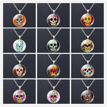 Dia De Los Muertos Glass Pendant Day Of The Dead Necklace Flower Sugar Skull Jewelry Halloween Gift For Men And Women 2024 - buy cheap