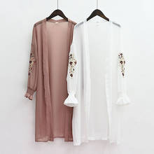 Летнее кимоно, кардиган, женская шифоновая блузка с цветочной вышивкой, Корейская длинная рубашка с расклешенными рукавами, Пляжная Длинная блузка, модный дизайн 2024 - купить недорого