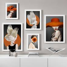 Sombrero de chica abstracto con alas en la cabeza, arte de pared de girasol, pintura en lienzo, carteles nórdicos e impresiones, imágenes de pared para decoración de sala de estar 2024 - compra barato