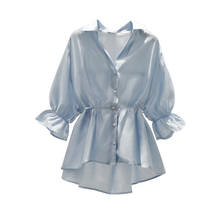 Blusa feminina de chiffon com decote em v, camisa de mangas soltas, com babados, para escritório, elegante, para mulheres, moda externa 2024 - compre barato