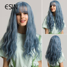 Esin cabelo sintético verde azul longo natural ondulado perucas com franja para peruca cosplay feminino resistente ao calor 2024 - compre barato