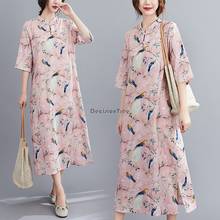 Vestido chinês cheongsam qipao 2021, vestido floral vintage estilo oriental, algodão e linha, estilo chinês 2024 - compre barato