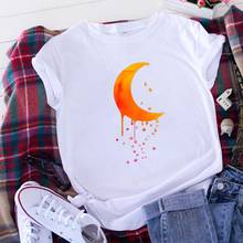 Camiseta com estampa de lua feminina, manga curta, algodão, mulheres, gola redonda, camiseta feminina solta, preto, branco, tops femininos 2024 - compre barato