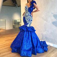 Bling Bling Evening Dresses Royal Blue Meraid With Ruffles Beadings Plunging Neckline Sexy Arabic Prom Gowns выпускное платье 2024 - buy cheap