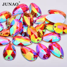 JUNAO, 100 шт., 17x28 мм, блестящие красные стразы, AB, кристаллы, плоская задняя часть, каплевидное шитье стразами, большие Кристальные камни для одежды 2024 - купить недорого