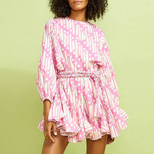 Women Ruffles Floral Summer Dress Pink Loose Long Sleeve High Waist Sashes Tunic Causal Holiday Mini Dress 2024 - buy cheap