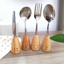 Cute smiling face cutlery set with wooden handle beech wooden handle stainless steel cutlery children's cutlery gift box 2024 - buy cheap