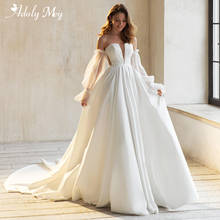 Adoly Mey Romantic Pleated Strapless A-Line Wedding Dress 2020 Elegant Lace Long Sleeve Satin Court Train Princess Wedding Gown 2024 - buy cheap