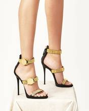 Sandálias de salto alto com alças, luxuosas de corrente dourada, sandália de celebridade, sapatos simples, tira para noite, sandálias femininas 2024 - compre barato