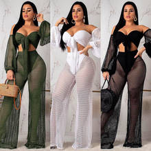 2021 Spring Women Two Piece Outfit Off Shoulder Lantern Sleeve Crop Tops Mesh See Through High Waist Wide Leg Pants 2024 - buy cheap