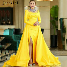 JaneVini Elegant Arabic Long Sleeve Mermaid Prom Dress for Women Square Collar Side Slit Vestidos Compridos Satin Yellow Dresses 2024 - buy cheap