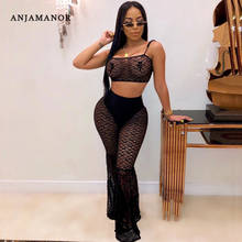 ANJAMANOR Black Mesh Lace Sexy Two Piece Set Women Crop Top and Bell Bottom Pants Night Club 2 Piece Suit Fall Outfits D30-AB90 2024 - buy cheap