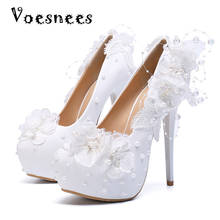 2021 HOT White Rose Flower Lace Wedding Shoes High Heel 14CM Bridal Shoes Princess Pumps Platform Shoes Women Plus Size 34-43 2024 - buy cheap
