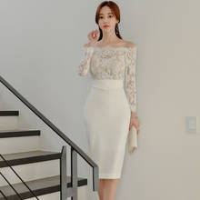 Slash Neck White Lace Sheath Dress Women Long Sleeve Casual Korean Summer Bodycorn Dress Party Clubwear Sexy Knee-Length B814 2024 - buy cheap