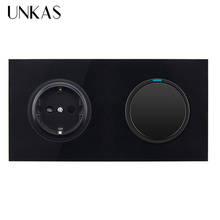 UNKAS Black Crystal Glass Panel 16A EU Standard Wall Power Socket 1 Gang 1 Way Pass Through On / Off Light Switch 2024 - buy cheap