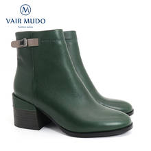 VAIR MUDO-Botines elegantes y sexys para mujer, zapatos de punta redonda, tacones gruesos, cuero genuino verde, costura cálida, DX113, Invierno 2024 - compra barato