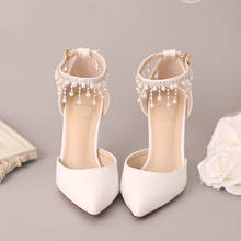 2019 nova pérola branca strass sapatos de noiva apontou super salto alto sapatos de casamento uma palavra banda de pulso sandálias femininas stiletto 2024 - compre barato