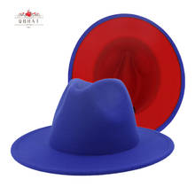 QBHAT Royal Blue Red Patchwork Faux Wool Felt Fedora Hats with Thin Belt Buckle Men Women Large Brim Panama Trilby Jazz Cap 2024 - buy cheap