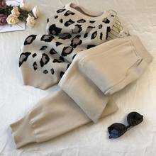 Mulheres de malha leopardo pulôver impresso suéteres + calças define mulher moda jumpers calças 2 pçs trajes outfit casual malha pant 2024 - compre barato