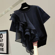 Женская Асимметричная футболка с оборками и коротким рукавом, в стиле пэчворк, лето 2021, свободный однотонный Повседневный универсальный топ, женская футболка, футболки 2024 - купить недорого