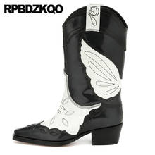 Botas occidentales bordadas de alta calidad para mujer, zapatos gruesos de charol vaquero con bordado, punta cuadrada negra, sin talón 2024 - compra barato