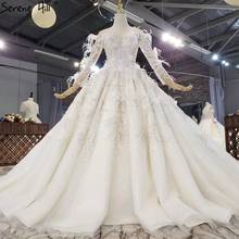 Serene Hill Dubai Ivory Long Sleeves Luxury Wedding Dress 2020 Feathers Flowers O-Neck Bridal Gown Custom Made CHX0234 2024 - buy cheap