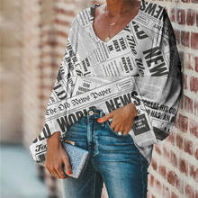 NOISYDESIGNS Harajuku Novelty Newspaper Pattern Blouse Casual V-neck Loose Long Sleeve Female Ladies Soft Comfortale Shirt 2024 - buy cheap