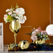 Nórdico luxo banhado a ouro pequeno vaso de vidro mesa jantar vaso flores secas casa decoração decoração do quarto ornamentos presente casamento macio 2024 - compre barato