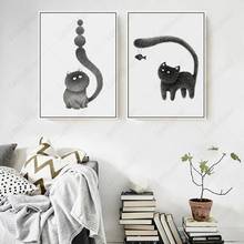 Gato preto bonito cartaz das crianças quarto personalizado nórdico moderno modular impressão da lona pintura animais parede arte imagem decoração casa 2024 - compre barato
