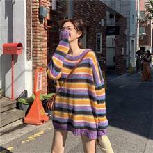 Harajuku coreano vento preguiçoso solto arco-íris listrado suéter feminino suéteres japonês kawaii ulzzang roupas para mulher 2024 - compre barato