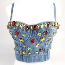 2020  Summer  Women Tank Tops Denim Bead Clothing Sleeveless Sexy Skinny Slim Bralette Crop Top Short Camis Female Summer Vest 2024 - buy cheap