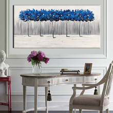 Pintura a óleo da paisagem artesanal, arte de parede de árvore abstrata tela pintada à mão azul índigo, arte para sala de estar e quarto 2024 - compre barato