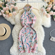 2021 New Sexy Chinese Cheongsam Style Dress Sleeveless Halter Print Mini Short Club Party Dresses 2024 - buy cheap