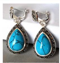 Hot Sale 925 Sterling Silver Jewelry Blue Turquoise Marcasite Teardrop Earrings 2024 - buy cheap