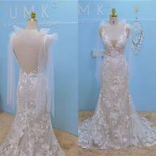 UMK Sexy Mermaid Wedding Dress Lace Deep V Backless Tulle Bows Chic Sequined Bohemia Bridal Gowns 2024 - buy cheap