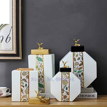 Florero de cerámica estilo chino ciervo dorado con cubierta, tarro de almacenamiento, decoración moderna del hogar, arreglo de flores, jarrones dorados 2024 - compra barato