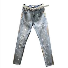 Calça jeans feminina de strass, nova coleção primavera e outono 2020, pó de ouro e strass, cintura alta, fina, jeans com três pontos, r751 2024 - compre barato